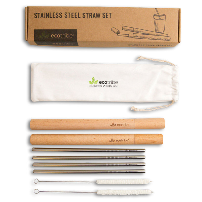 Stainless Steel Metal Straws & Wooden Case Set - 2 Cases + 4 Straws